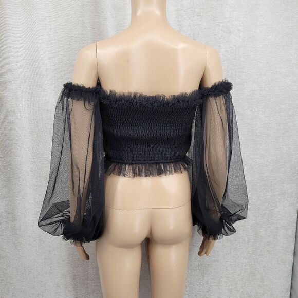 MARBLE Black Ruffled Off The Shoulder Top Sheer Mesh Long Sleeves Crop Shirring - Picture 4 of 8